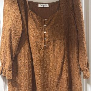 Brown Long Sleeve Textured Dress